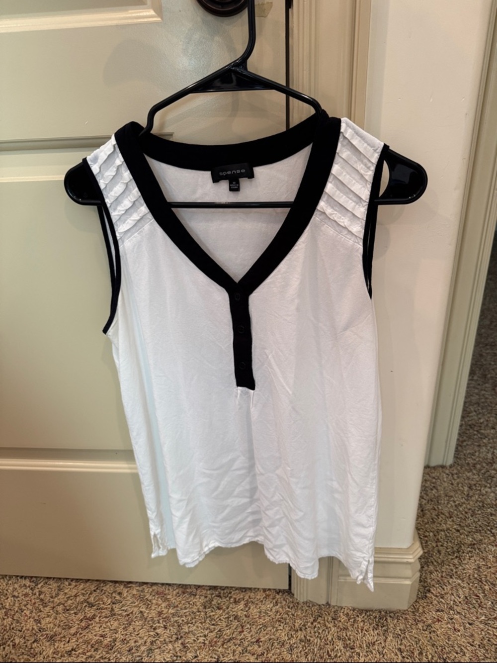 Spense White and Black Sleeveless Henley Top with Black Trim - Medium